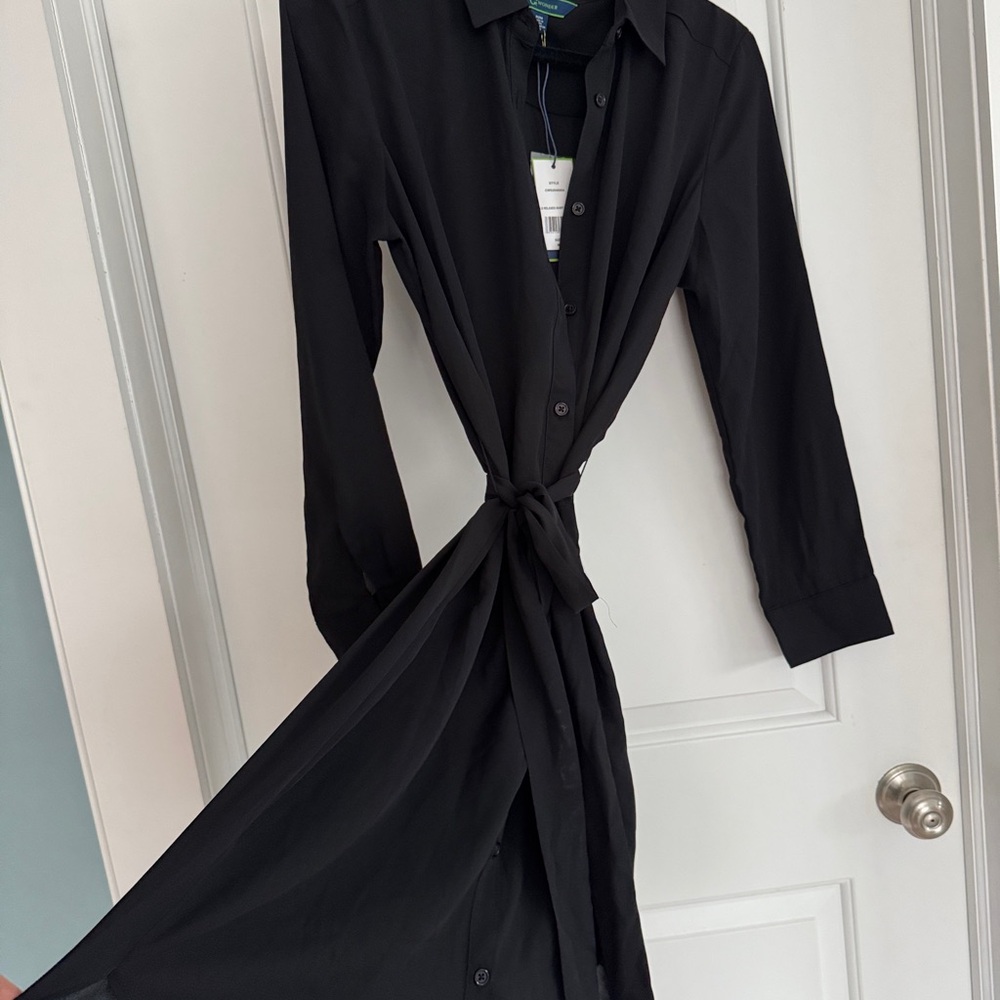 C Wonder Button-Front Black Tie-Waist Shirt Dress NWT size Medium